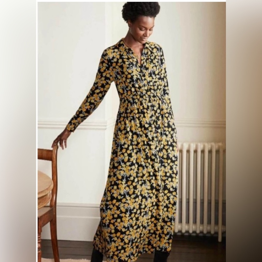 BODEN ‘Jessie’ Floral Maxi Shirt Dress Women’s 8 Petite Long Sleeve Button Crepe